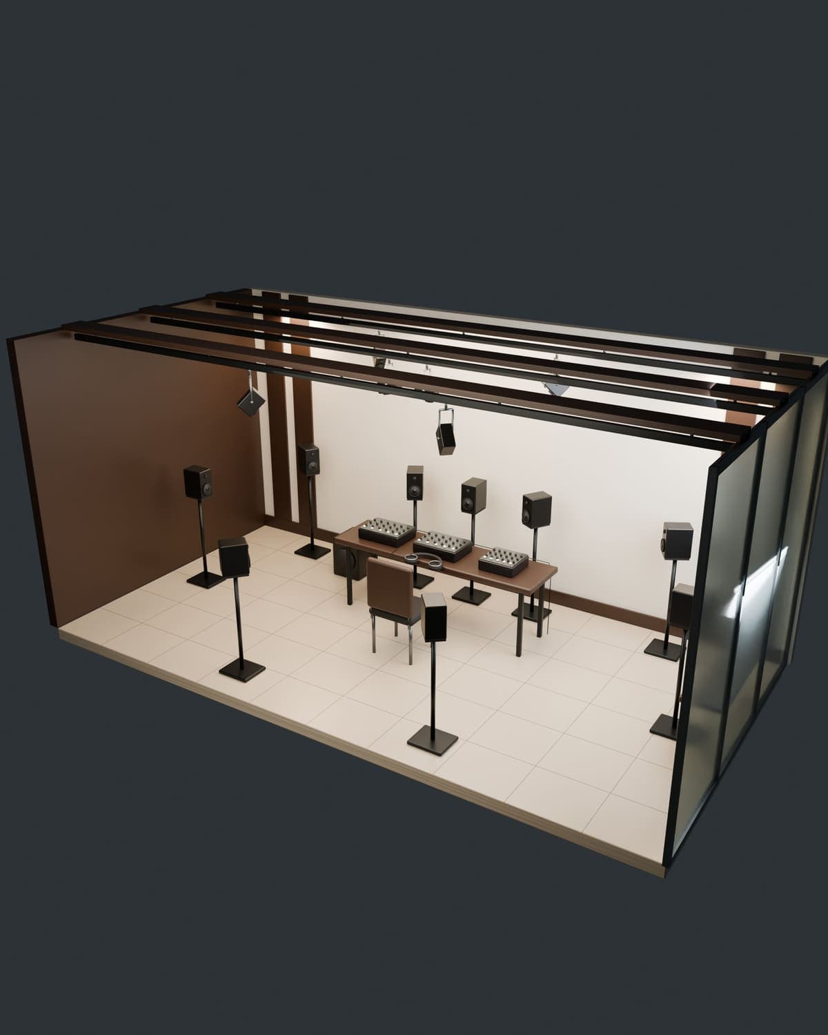 Rendering of the 2F immersive hands-on room: instruments on a table surrounded by stand and ceiling speakers