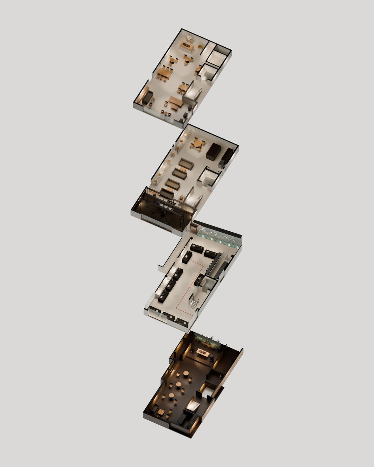 Concept illustration of the four venue floors